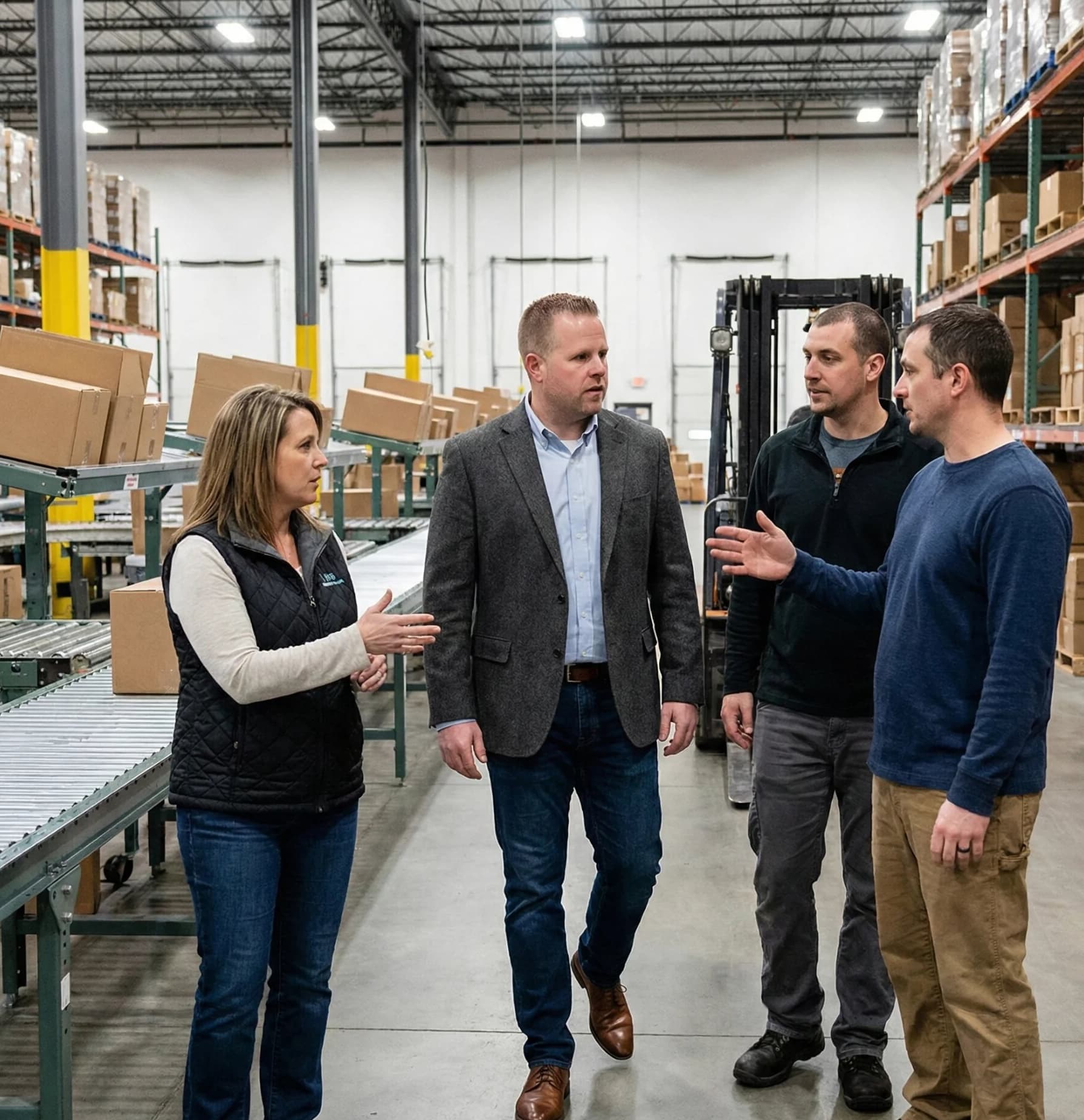 Colin walking through warehouse operations with team members