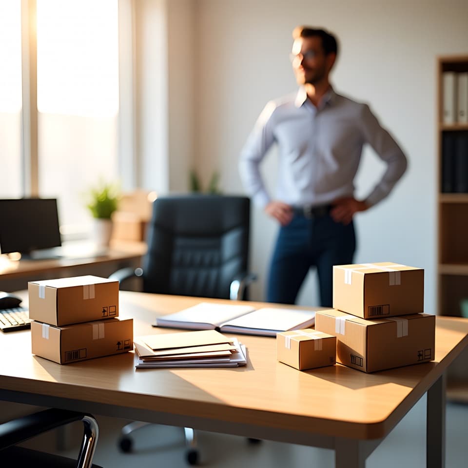 Exhausted business owner at desk with phone showing 43 unread messages and shipping boxes